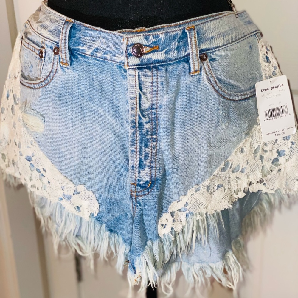 Free people Light Blue Denim Jean Shorts with White Lace Trim